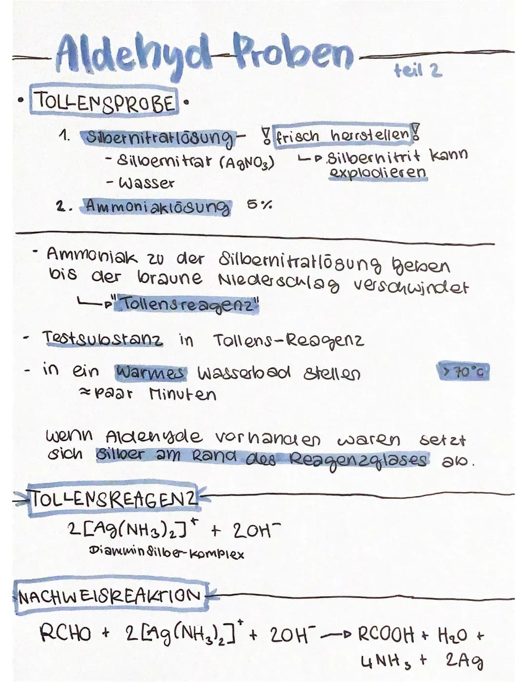 -Aldehyd-Proben
●
TOLLENSPROBE
1. Silbernitratlösung-frisch herrstellen
Silbernitrat (AgNO3)
- Wasser
2. Ammoniaklösung 5%
-
●
Ammoniak 20 d
