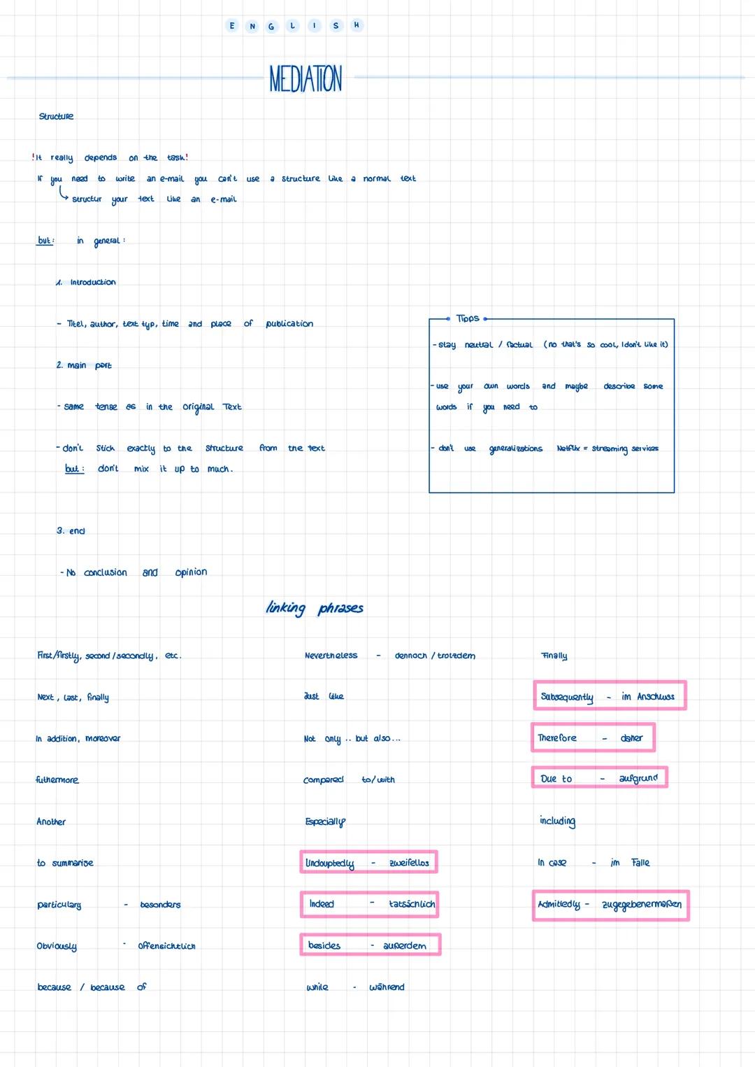 ENGLISH

MEDIATION

Structure

It really depends on the task!
if you need to write an e-mail you can't use a structure like a normal text
st