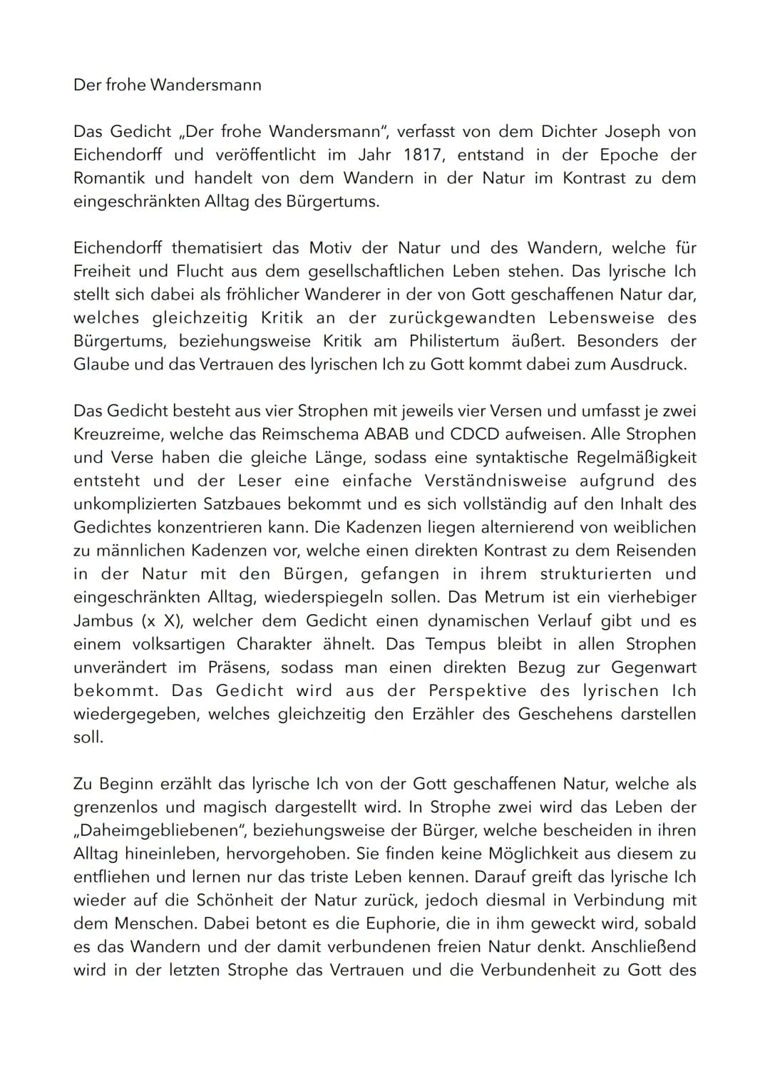 Der frohe Wandersmann
Das Gedicht „Der frohe Wandersmann“, verfasst von dem Dichter Joseph von
Eichendorff und veröffentlicht im Jahr 1817, 