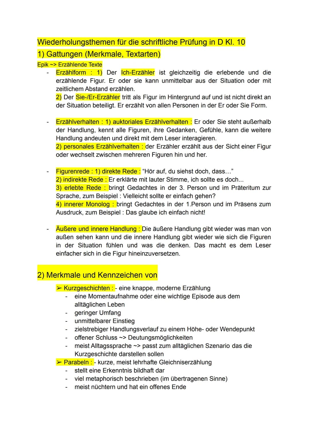 für die schriftliche Prüfung in D Kl. 10
Wiederholungsthemen
1) Gattungen (Merkmale, Textarten)
Epik > Erzählende Texte
Erzählform : 1) Der 