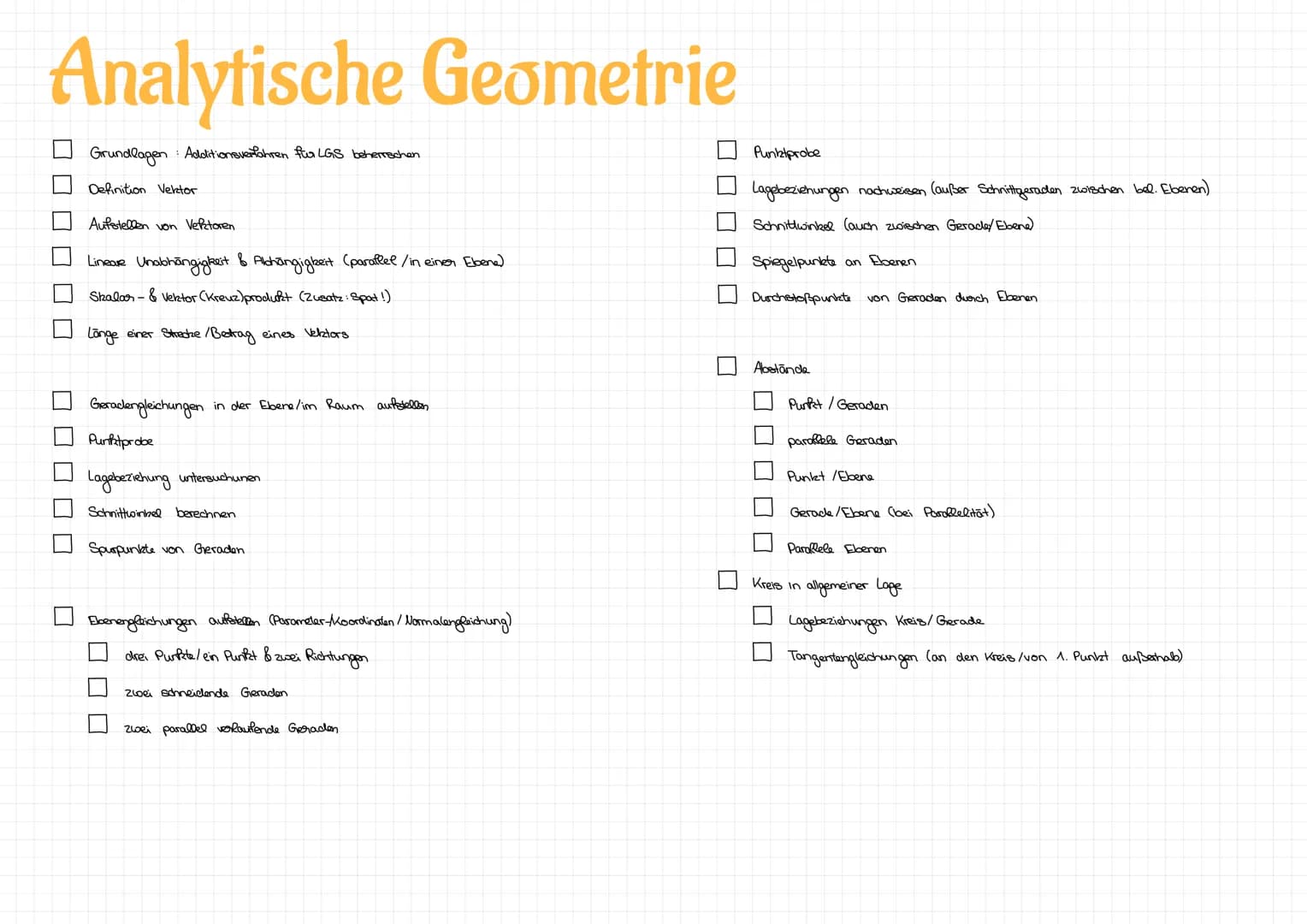 Analytische Geometrie
Grundlagen
Definition Vektor
Aufstellen von Vektoren
: Additionsverfahren für LGS beherrschen
Lineare Unabhängigkeit &