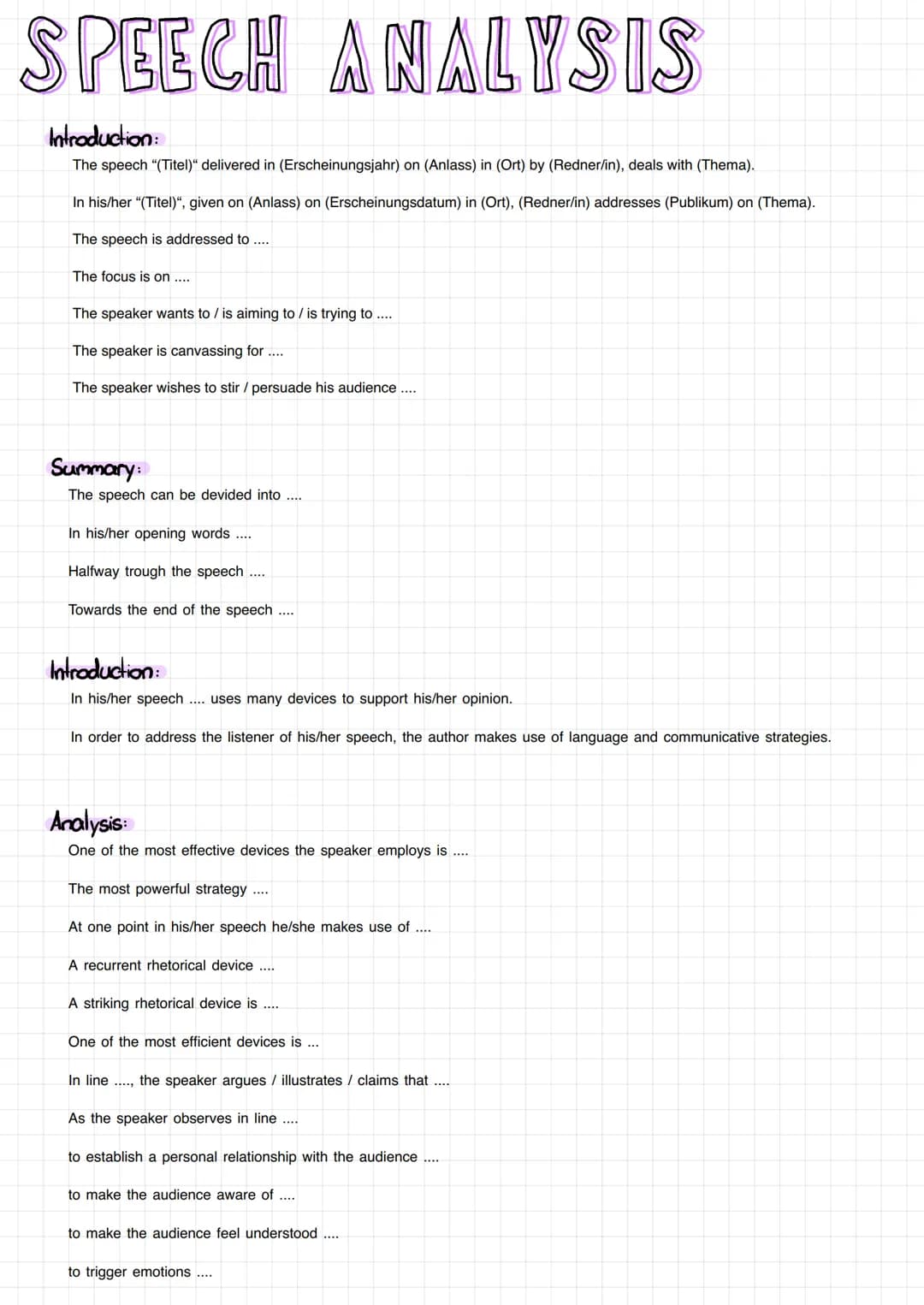 SPEECH ANALYSIS
Introduction:
The speech "(Titel)" delivered in (Erscheinungsjahr) on (Anlass) in (Ort) by (Redner/in), deals with (Thema).
