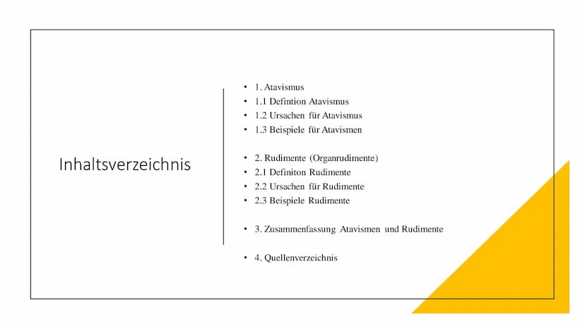 Atavismen und
Rudimente Inhaltsverzeichnis
●
• 2. Rudimente (Organrudimente)
2.1 Definiton Rudimente
1. Atavismus
1.1 Defintion Atavismus
1.