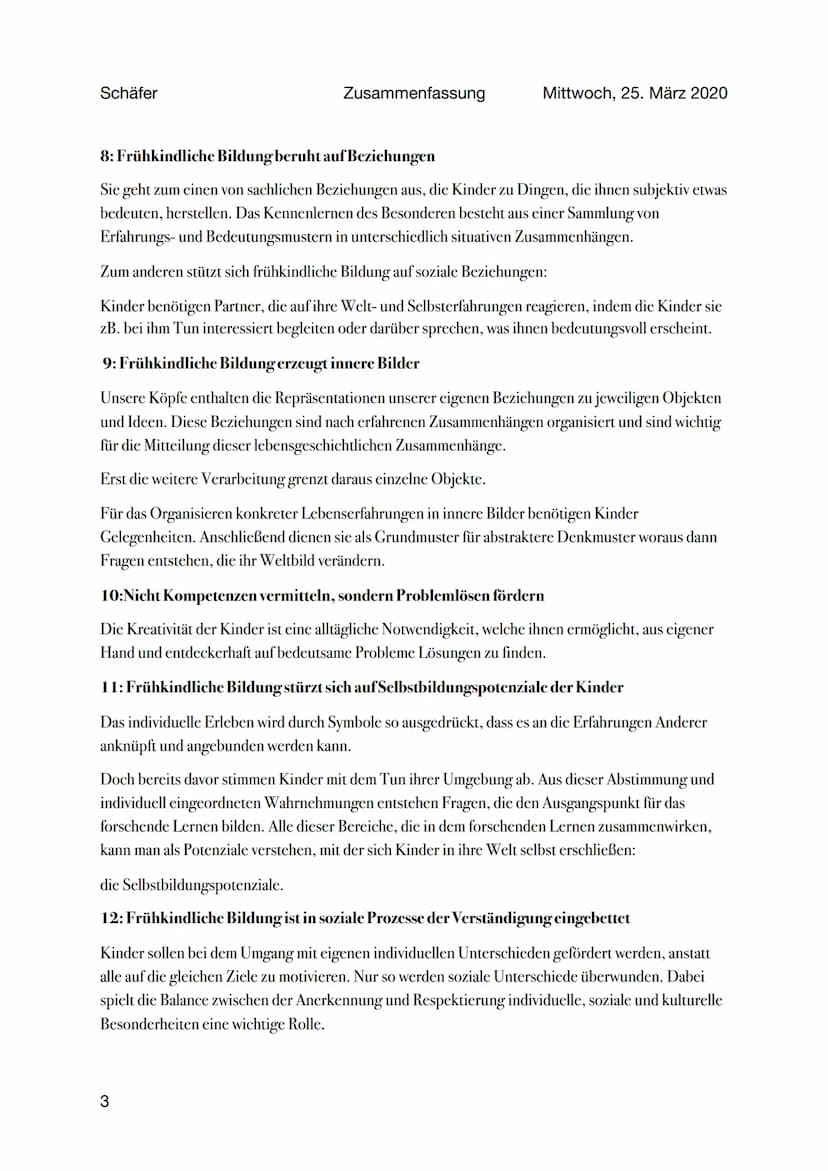 Schäfer
Zusammenfassung
Mittwoch, 25. März 2020
Die 15 Thesen zur frühkindlichen Bildung von Schäfer
1: Der Elementarbereich ist ein eigener