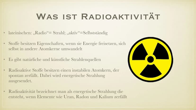 DIE ENTDECKUNG DER
RADIOAKTIVITÄT
Plaj
EMMA K. BEATRIZ P. ●
Was ist Radioaktivität?
• Wieso ist es gefährlich?
• Wie wirkt es auf den mensch