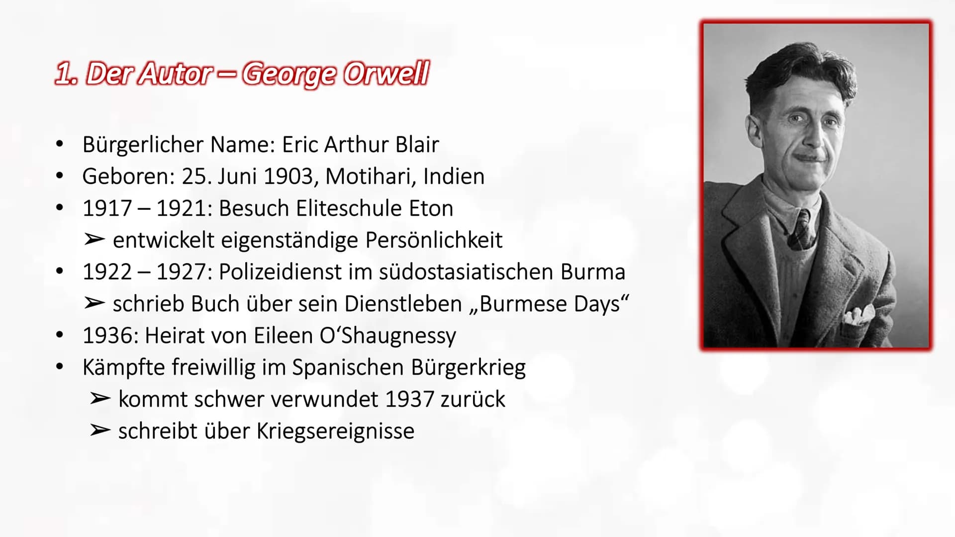 1984-George Orwell
1. Autor - George Orwell
2. Genre - Dystopie
3. Inhalt
3.1 Zusammenfassung
3.2 Charaktere
3.3 Das System
3.3.1 Ozeanien
3