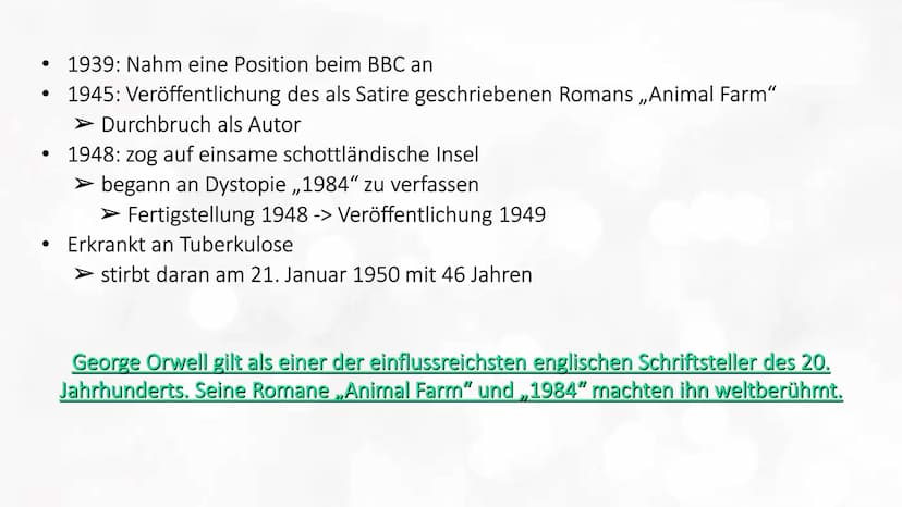1984-George Orwell
1. Autor - George Orwell
2. Genre - Dystopie
3. Inhalt
3.1 Zusammenfassung
3.2 Charaktere
3.3 Das System
3.3.1 Ozeanien
3