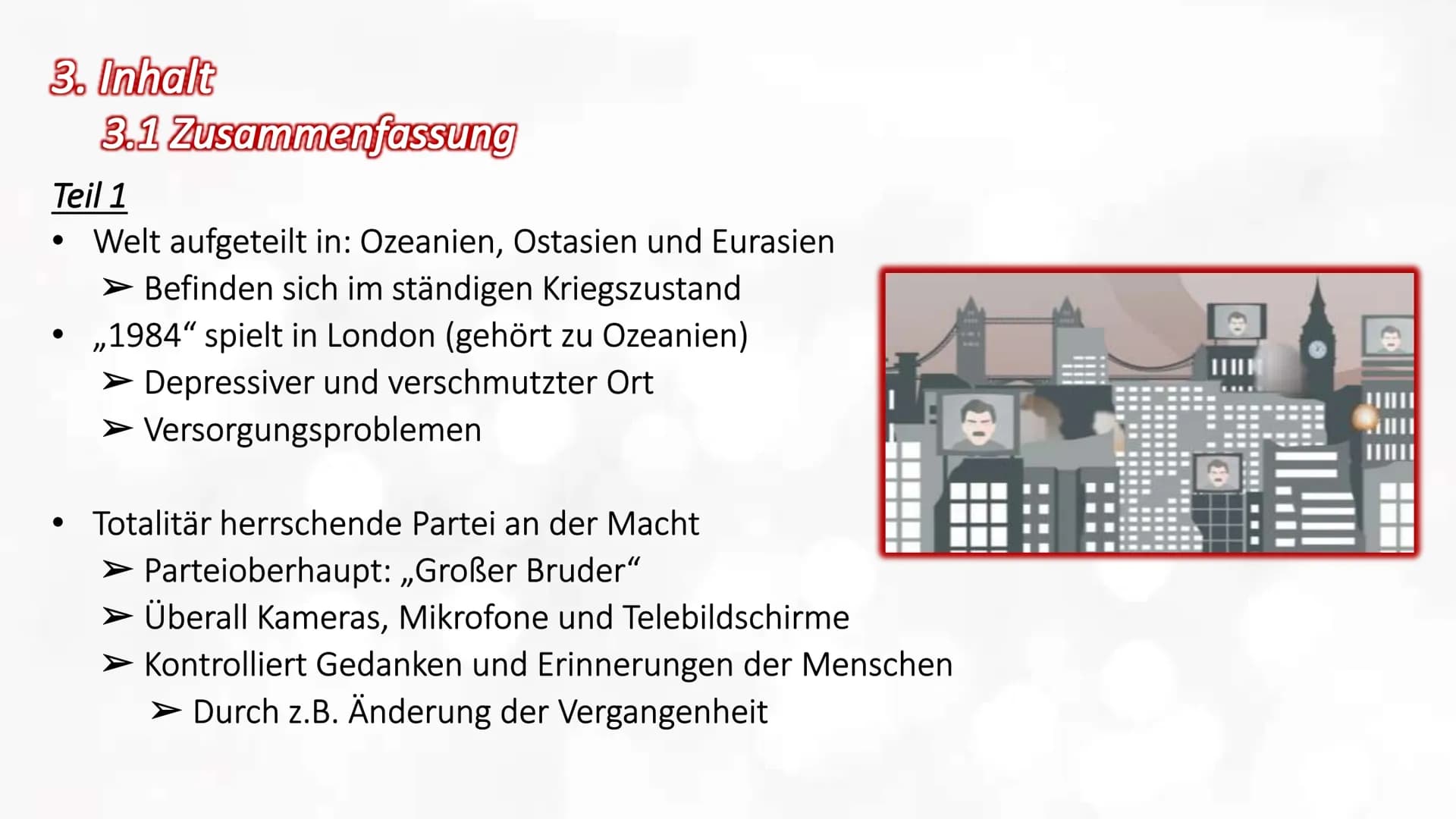 1984-George Orwell
1. Autor - George Orwell
2. Genre - Dystopie
3. Inhalt
3.1 Zusammenfassung
3.2 Charaktere
3.3 Das System
3.3.1 Ozeanien
3