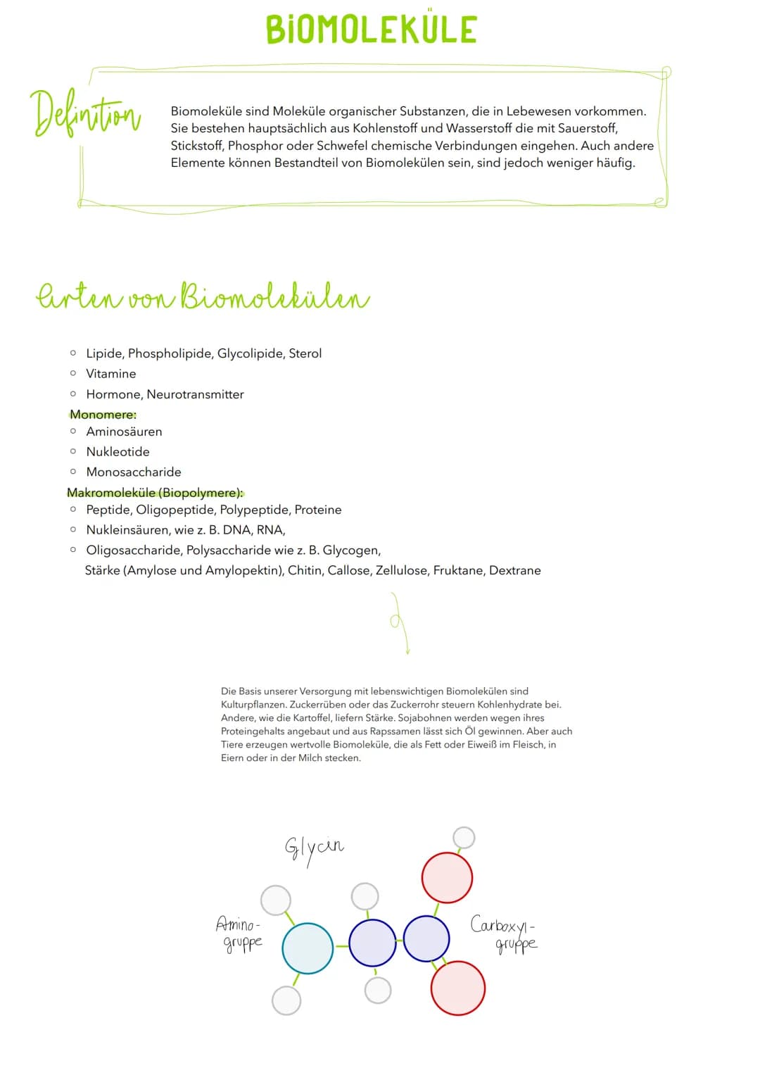 Definition
Biomoleküle sind Moleküle organischer Substanzen, die in Lebewesen vorkommen.
Sie bestehen hauptsächlich aus Kohlenstoff und Wass