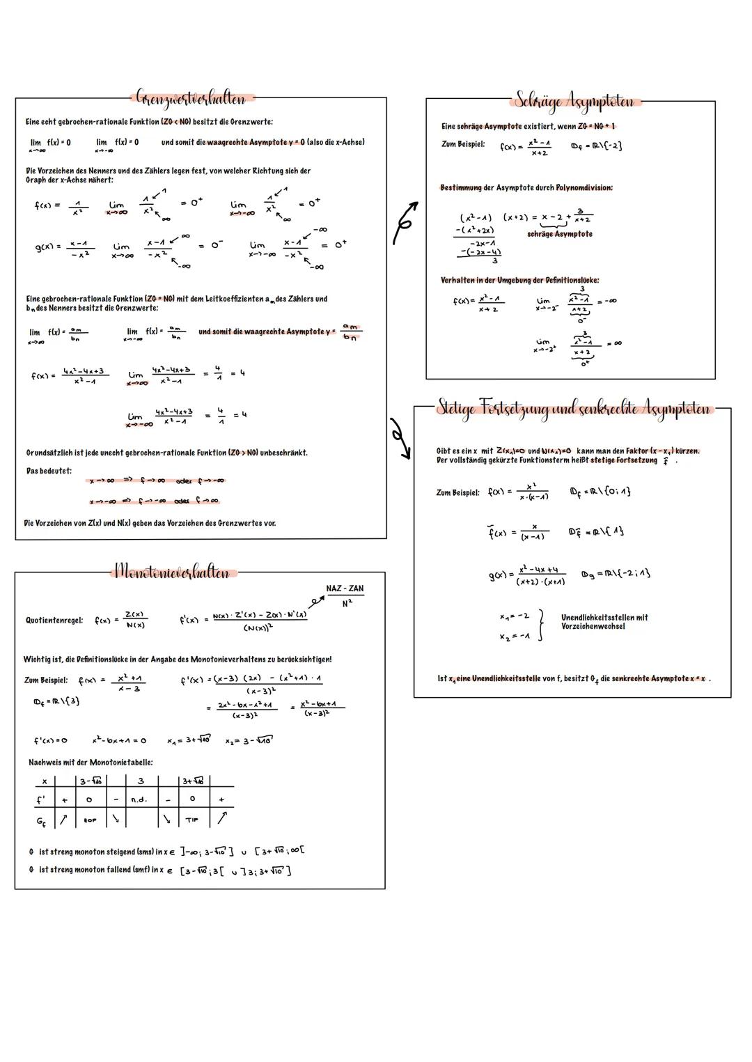 -Grenzwertverhalten -
Eine echt gebrochen-rationale Funktion (ZO<NO) besitzt die Grenzwerte:
Ilim f(x)0
Die Vorzeichen des Nenners und des Z