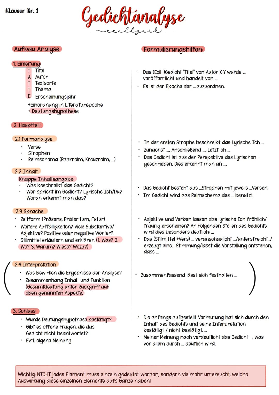 Klausur Nr. 1
Aufbau Analyse:
1. Einleitung:
.
2. Hauptteil:
2.1 Formanalyse
Verse
Strophen
Reimschema (Paarreim, Kreuzreim, ...)
.
.
T Tite