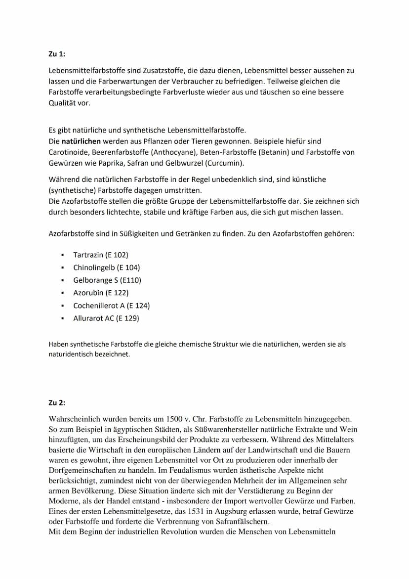 Lebensmittelfarbstoffe
1. Natürliche und synthetische Farbstoffe
2 Geschichte der Lebensmittelfärbung
3. Einteilung in E-Nummern
4. Nebenwir