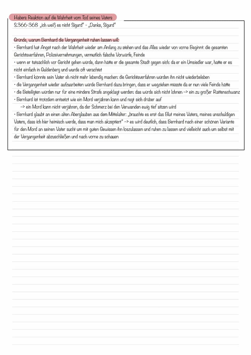 Habers Reaktion auf die Wahrheit vom Tod seines Vaters
S.366-368 ich weiß es nicht Sigurd" - „Danke, Sigurd"
Gründe, warum Bernhard die Verg