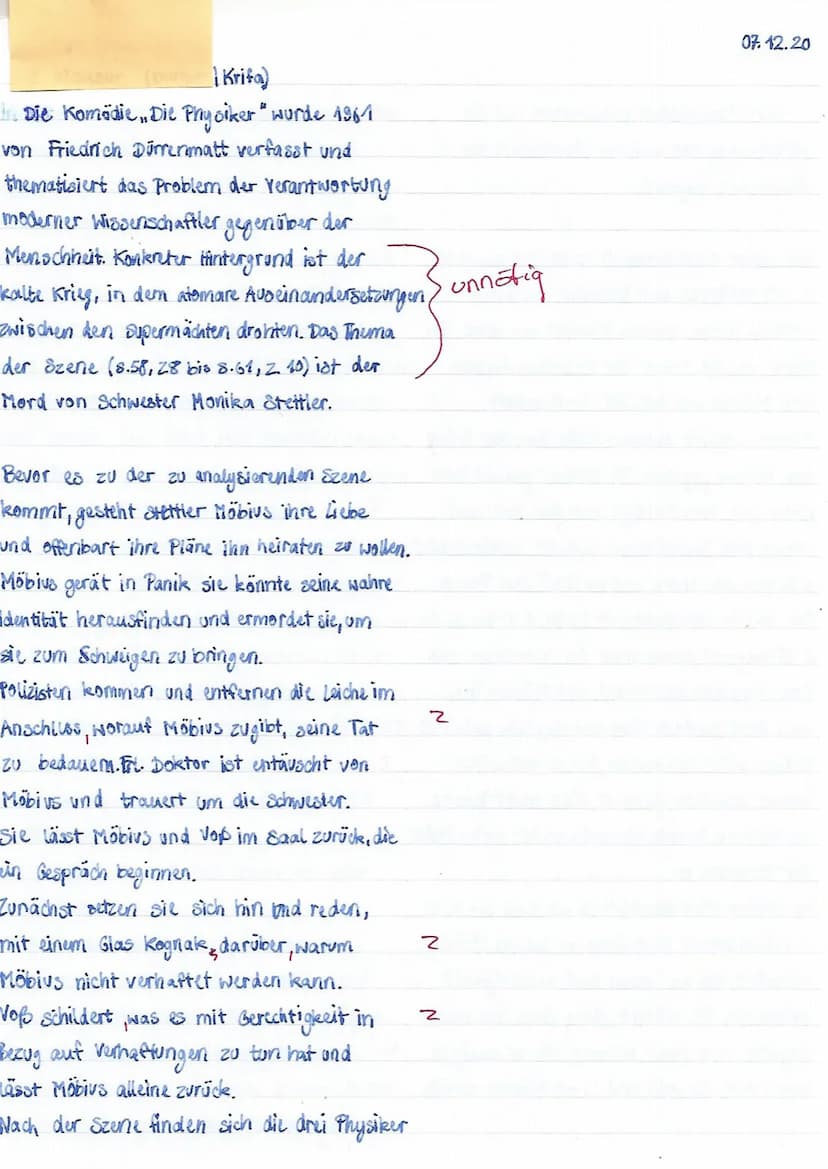 EF/D/Kri
Dramenszenenanalyse
Friedrich Dürrenmatt: ,,Die Physiker"
Klausur Nr. 2
Name :
1. Analysieren Sie den Szenenausschnitt S. 58, Z.8 -