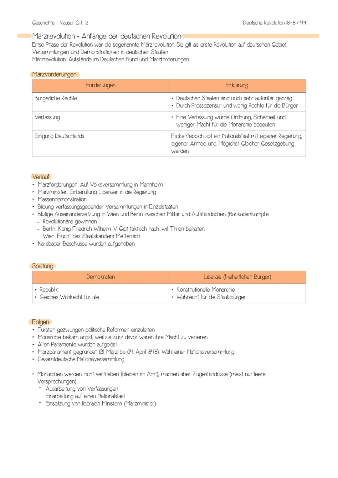 Geschichte Klausur Q 1. 2
Deutsche Revolution 1848/49- Allgemeines
Bezeichnet die revolutionäre Bestrebungen aderliberalen, bürgerlichen-nat