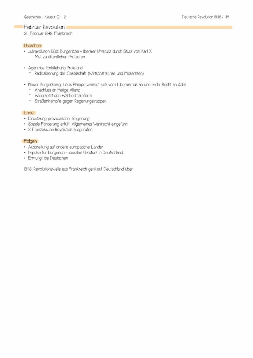 Geschichte Klausur Q 1. 2
Deutsche Revolution 1848/49- Allgemeines
Bezeichnet die revolutionäre Bestrebungen aderliberalen, bürgerlichen-nat