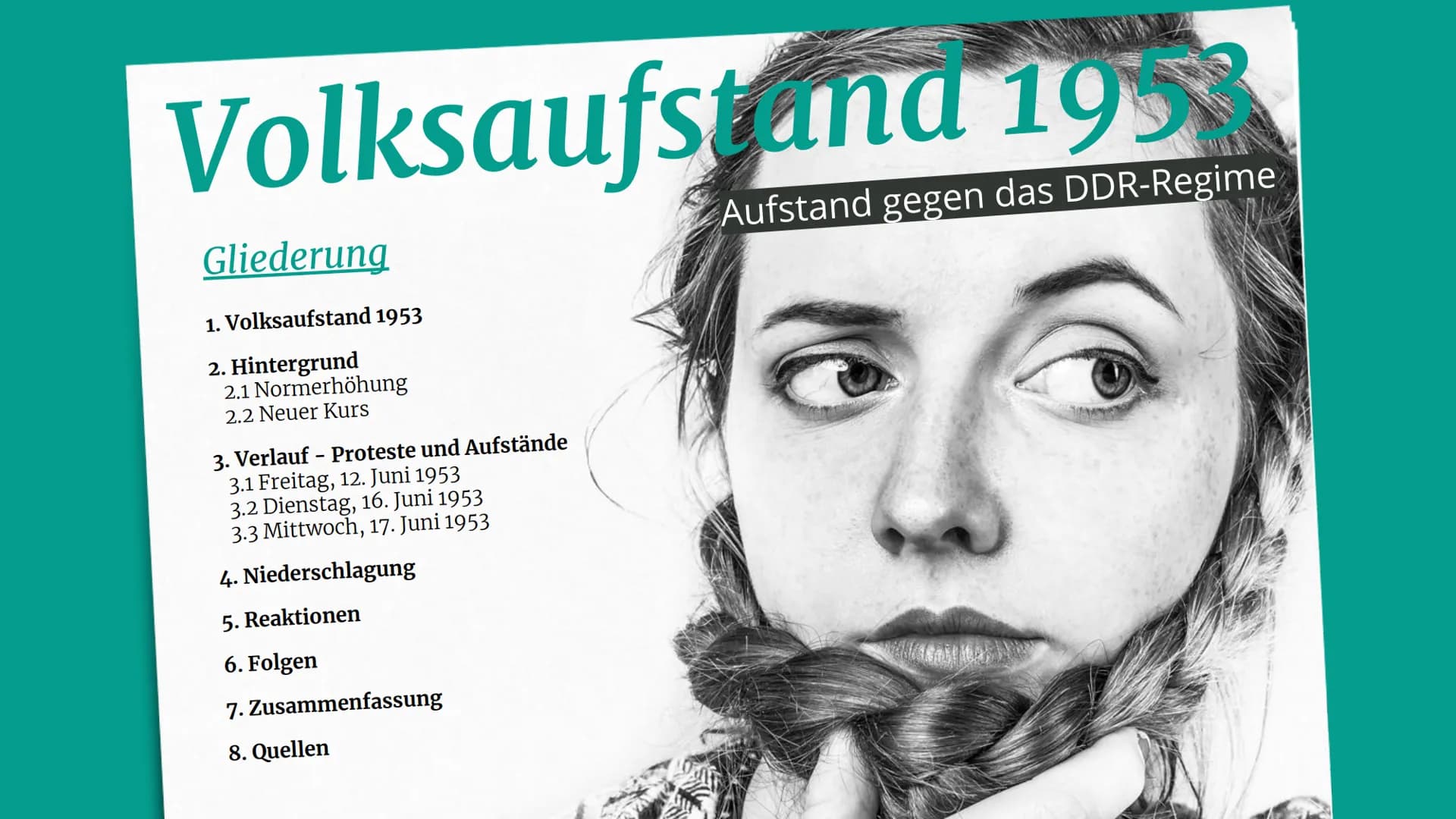 Volksaufstand 195
Aufstand gegen das DDR-Regime
Gliederung
1. Volksaufstand 1953
2. Hintergrund
2.1 Normerhöhung
2.2 Neuer Kurs
3. Verlauf -