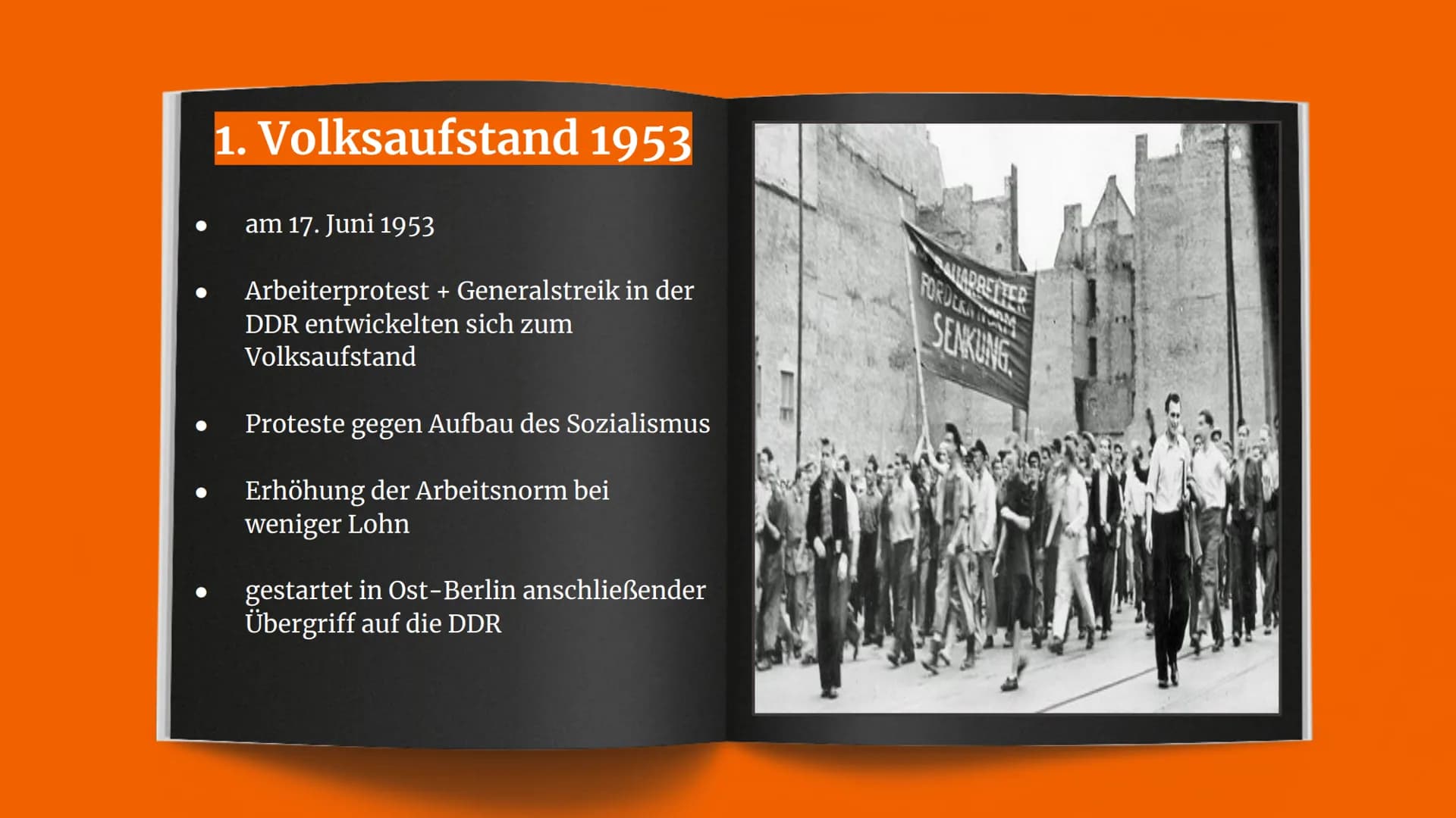 Volksaufstand 195
Aufstand gegen das DDR-Regime
Gliederung
1. Volksaufstand 1953
2. Hintergrund
2.1 Normerhöhung
2.2 Neuer Kurs
3. Verlauf -