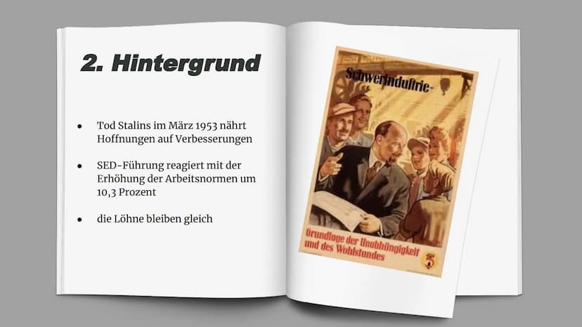 Volksaufstand 195
Aufstand gegen das DDR-Regime
Gliederung
1. Volksaufstand 1953
2. Hintergrund
2.1 Normerhöhung
2.2 Neuer Kurs
3. Verlauf -