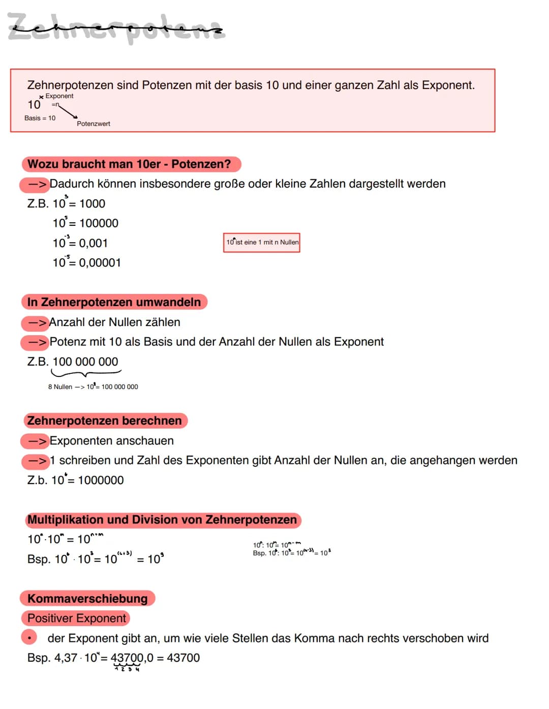 Zehnerpotens
Zehnerpotenzen sind Potenzen mit der basis 10 und einer ganzen Zahl als Exponent.
x Exponent
10 =n
Basis = 10
Potenzwert
Wozu b
