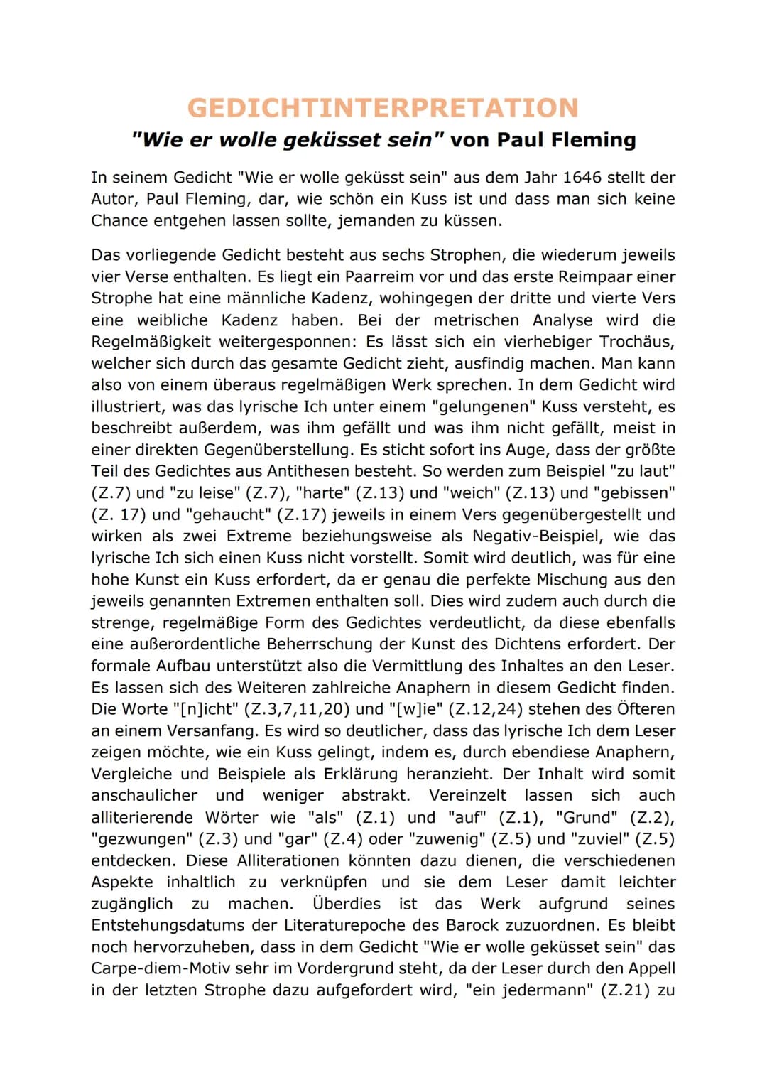 GEDICHTINTERPRETATION
"Wie er wolle geküsset sein" von Paul Fleming
In seinem Gedicht "Wie er wolle geküsst sein" aus dem Jahr 1646 stellt d