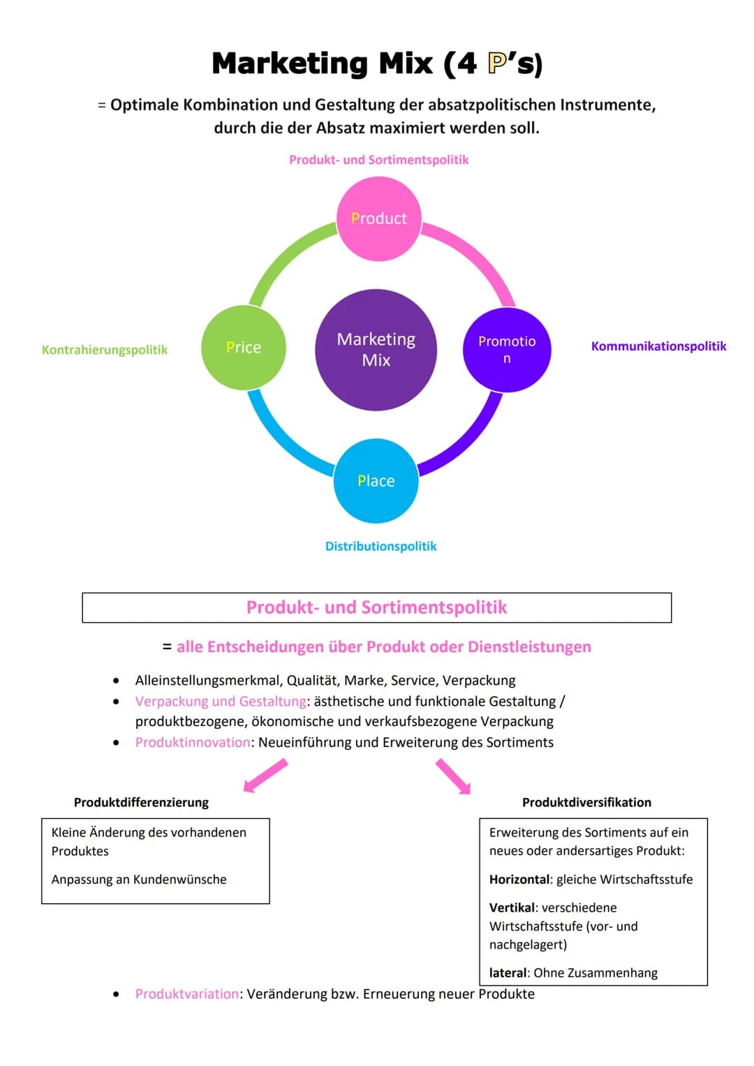Marketing Mix (4 P's)
= Optimale Kombination und Gestaltung der absatzpolitischen Instrumente,
durch die der Absatz maximiert werden soll.
P
