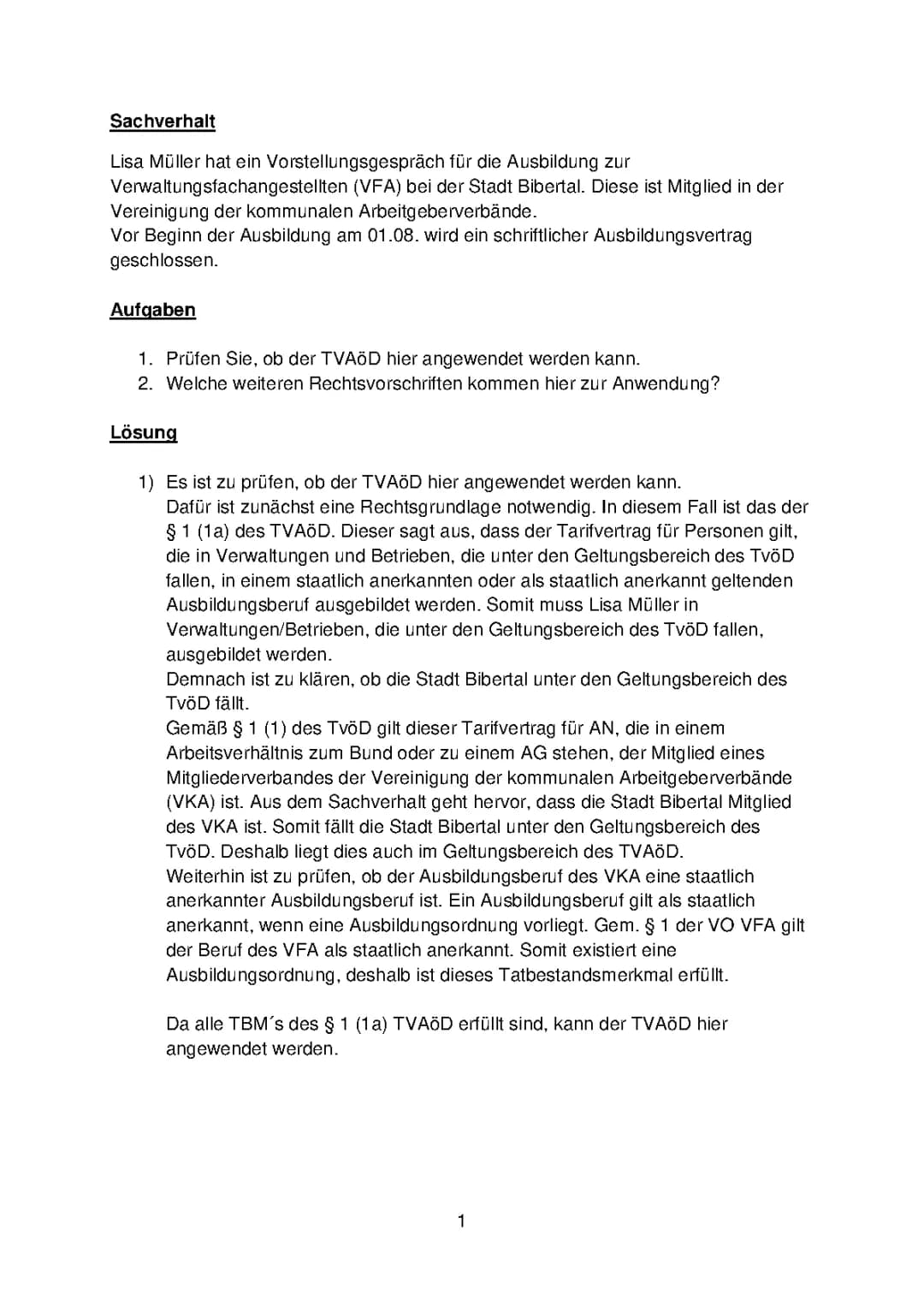 Lernfeld 1 - Berufsausbildung in der öffentlichen Verwaltung - Einstiegsfall Prüfung Anwendung TVAöD (VKA)