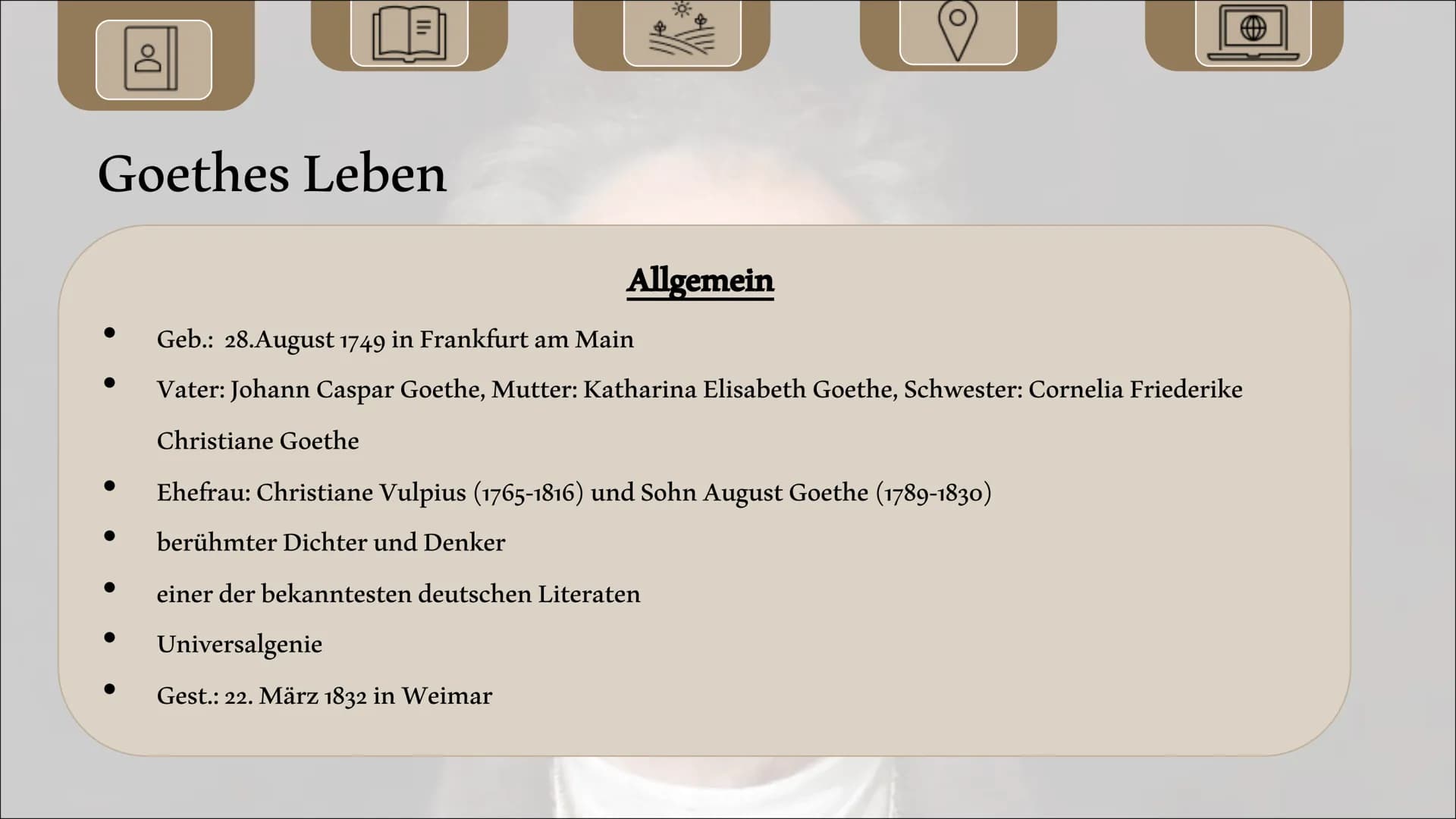 Johann Wolfgang von Goethe
Referat von Allegra Hofmann und Paula Urban Gliederung
Biografie von Goethe
• Seine Werke
Lebzeiten in Weimar
Akt