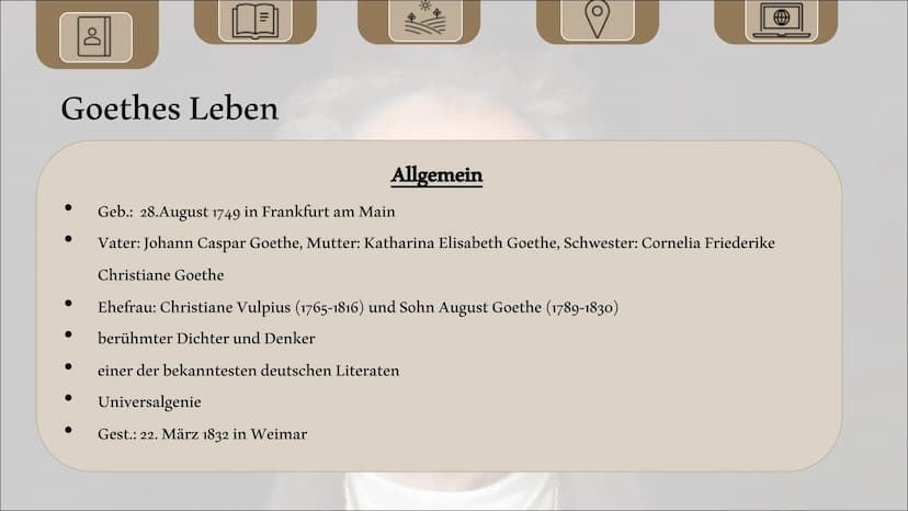 Johann Wolfgang von Goethe
Referat von Allegra Hofmann und Paula Urban Gliederung
Biografie von Goethe
• Seine Werke
Lebzeiten in Weimar
Akt