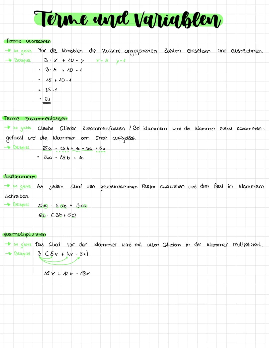 Terme and Variablen
Terme ausrechnen
-So
For die Variablen die passend angegebenen Zahlen einsetzen und ausrechnen.
x= 5 y=1
gehls
→Beispiel