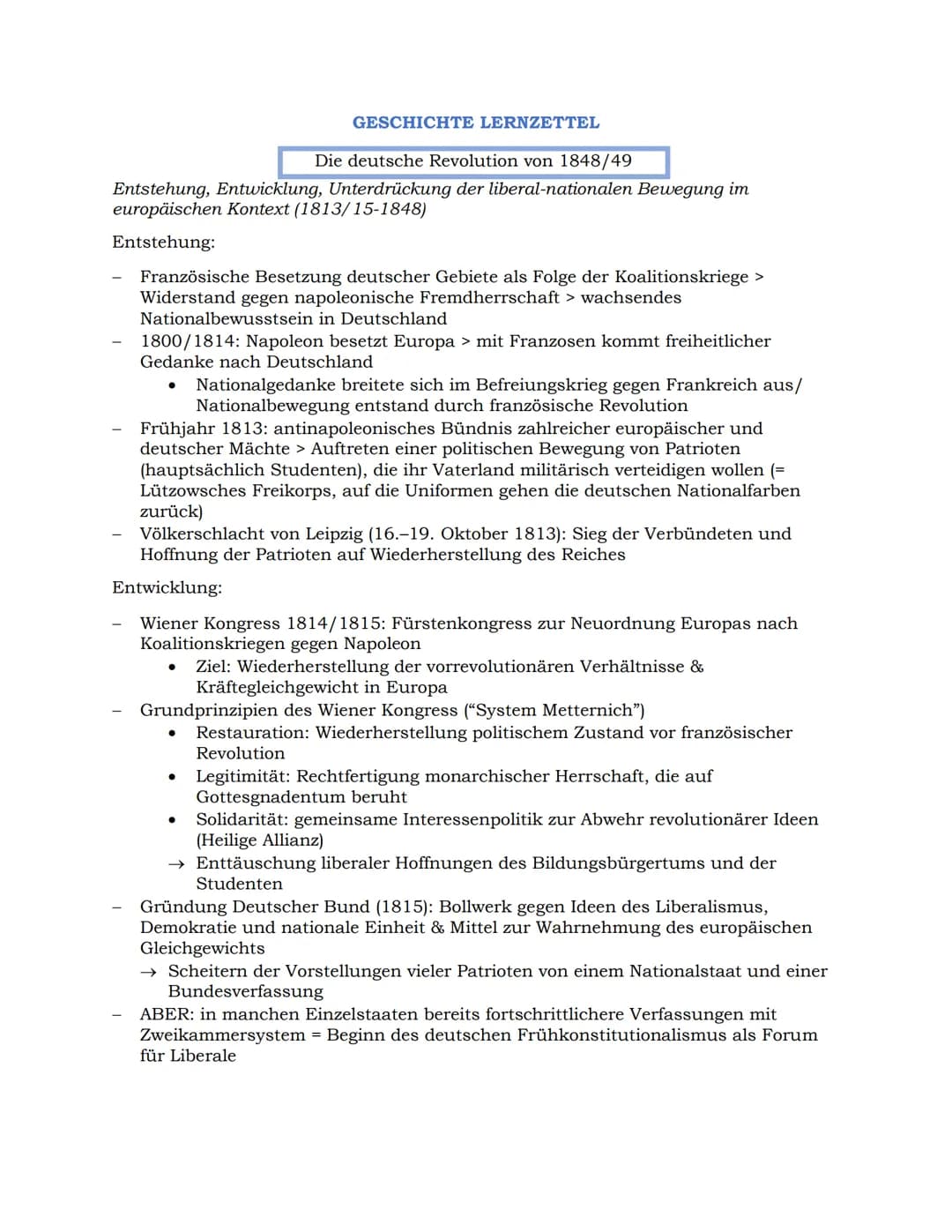 Die deutsche Revolution von 1848/49
Entstehung, Entwicklung, Unterdrückung der liberal-nationalen Bewegung im
europäischen Kontext (1813/15-