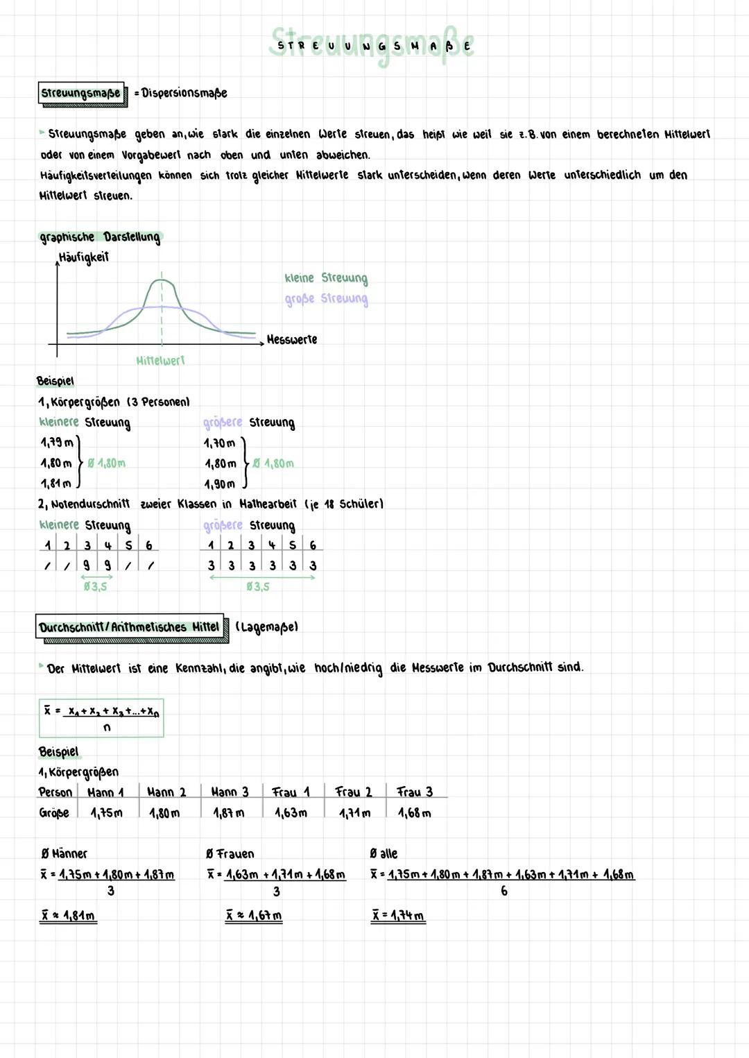 Streuungsmaße = Dispersionsmaße
Streuungsmaße geben an, wie stark die einzelnen Werte streuen, das heißt wie weit sie z. B. von einem berech