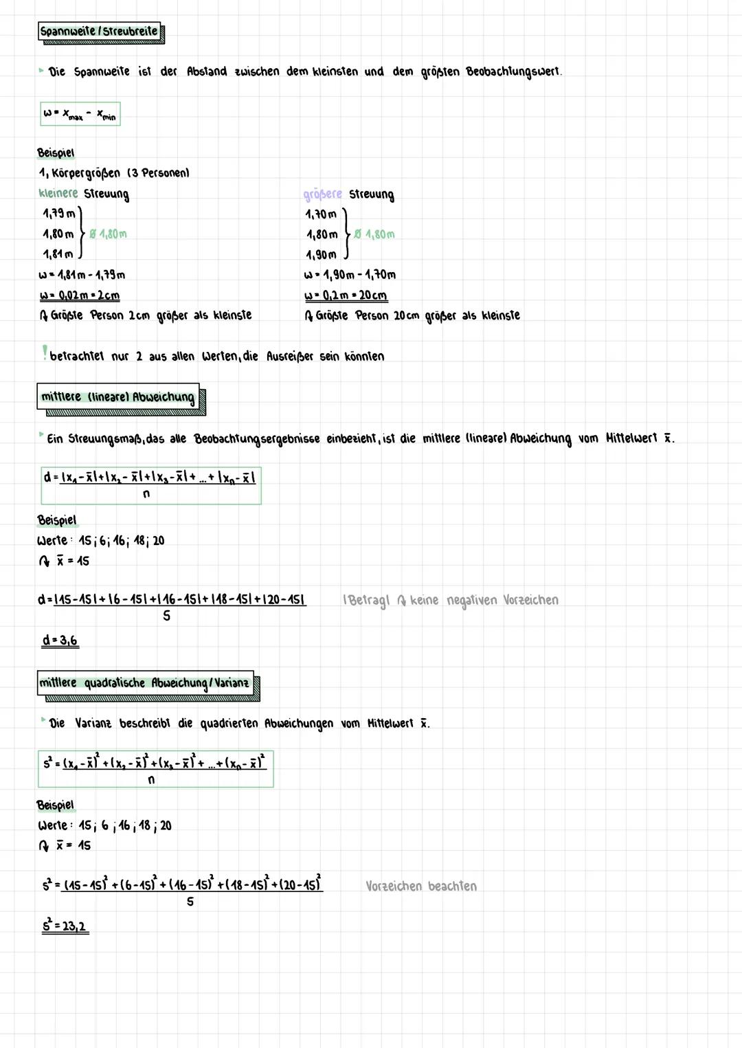 Streuungsmaße = Dispersionsmaße
Streuungsmaße geben an, wie stark die einzelnen Werte streuen, das heißt wie weit sie z. B. von einem berech