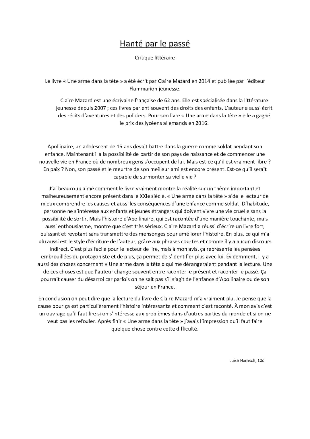 Critique littéraire de Une arme dans la tête par Claire Mazard - Analyse et Revue
