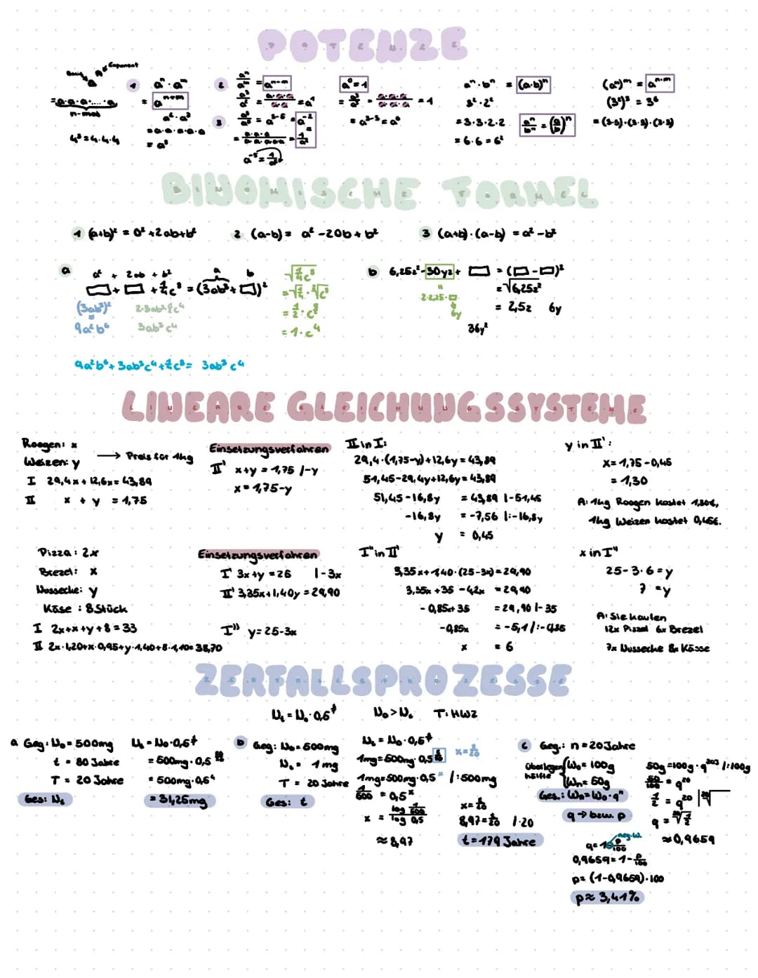 n-mal
Exponent
1 (a+b)² = 0² +2ab+b²
Ges: N₂
of + 2ab + b²
(3ab²)
9a²b²
2.3ab²c4
Roogen: x
Weizen: y
I 29,4x + 12,6x = 43,89
I
x + y = 1,75
