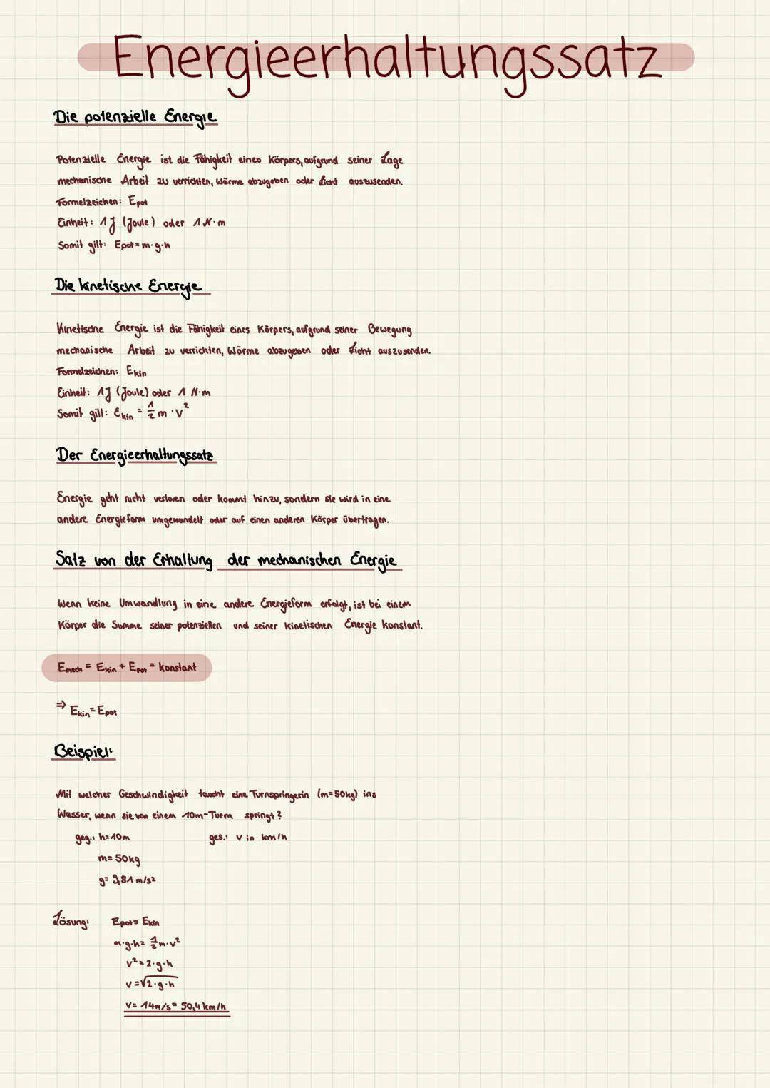 Energieerhaltungssatz
Die potenzielle Energie
Potenzielle Energie ist die Fähigkeit eines Körpers, aufgrund seiner Lage
mechanische Arbeit z