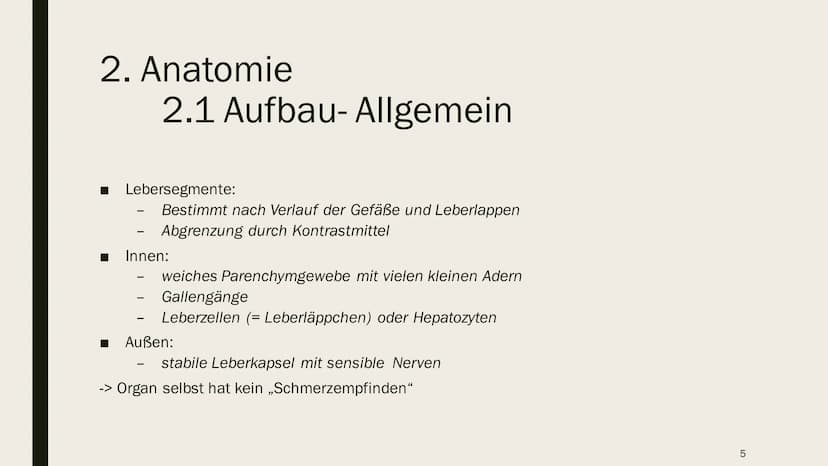 DIE LEBER Gliederung
1.
Übersicht
2. Anatomie
2.1 Aufbau
2.2 Lage
3. Leber und Blutkreislauf
4.
Hauptfunktionen
4.1 Synthese
4.2 Stoffwechse