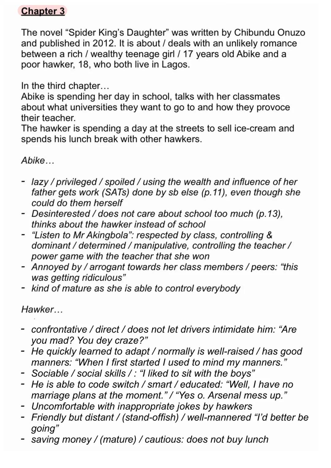 # Summary of Chapter 1

The novel "Spider King's Daughter" was written by Chibundu Onuzo
and published in 2012. It is about / deals with...
