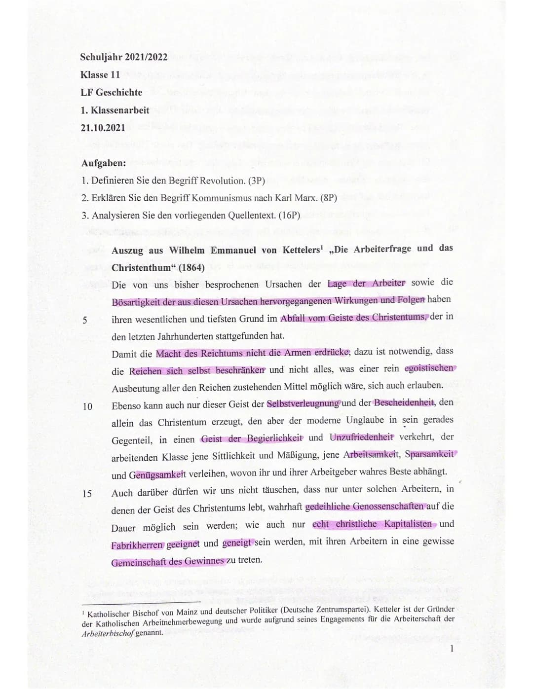 Schuljahr 2021/2022
Klasse 11
LF Geschichte
1. Klassenarbeit
21.10.2021
Aufgaben:
1. Definieren Sie den Begriff Revolution. (3P)
2. Erklären