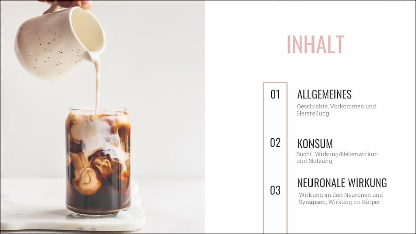 KAFFEE &
KOFFEIN
Alles über die Nutzung, die
Wirkung und die Sucht 01
02
03
INHALT
ALLGEMEINES
Geschichte, Vorkommen und
Herstellung
KONSUM
