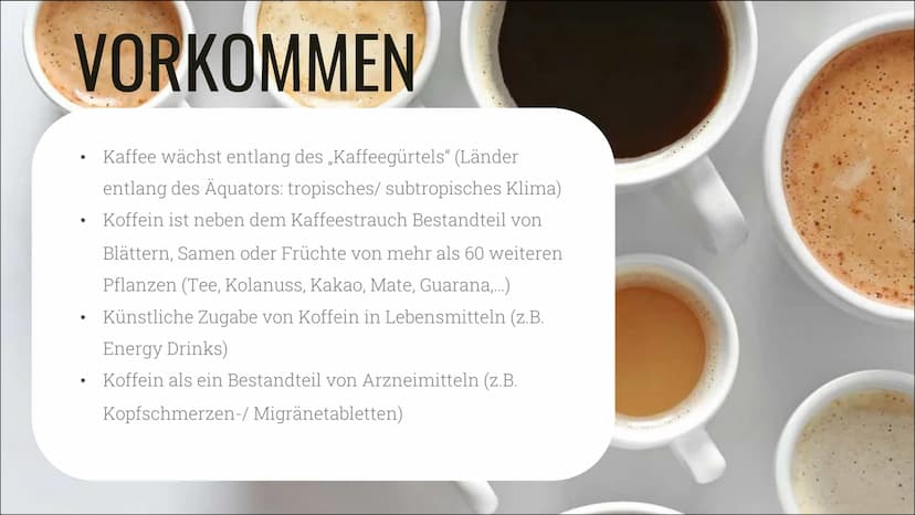 KAFFEE &
KOFFEIN
Alles über die Nutzung, die
Wirkung und die Sucht 01
02
03
INHALT
ALLGEMEINES
Geschichte, Vorkommen und
Herstellung
KONSUM
