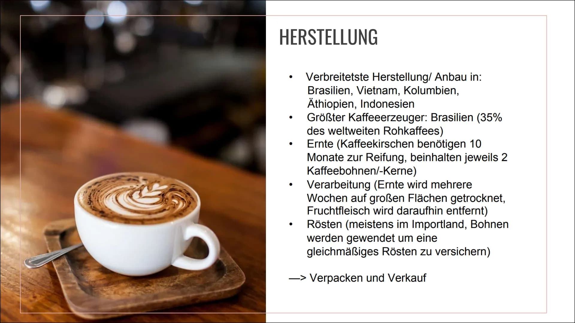 KAFFEE &
KOFFEIN
Alles über die Nutzung, die
Wirkung und die Sucht 01
02
03
INHALT
ALLGEMEINES
Geschichte, Vorkommen und
Herstellung
KONSUM
