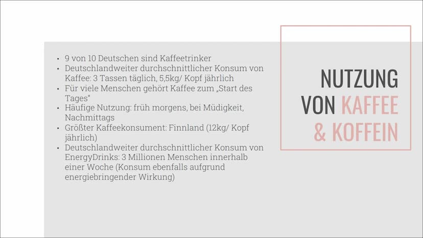 KAFFEE &
KOFFEIN
Alles über die Nutzung, die
Wirkung und die Sucht 01
02
03
INHALT
ALLGEMEINES
Geschichte, Vorkommen und
Herstellung
KONSUM

