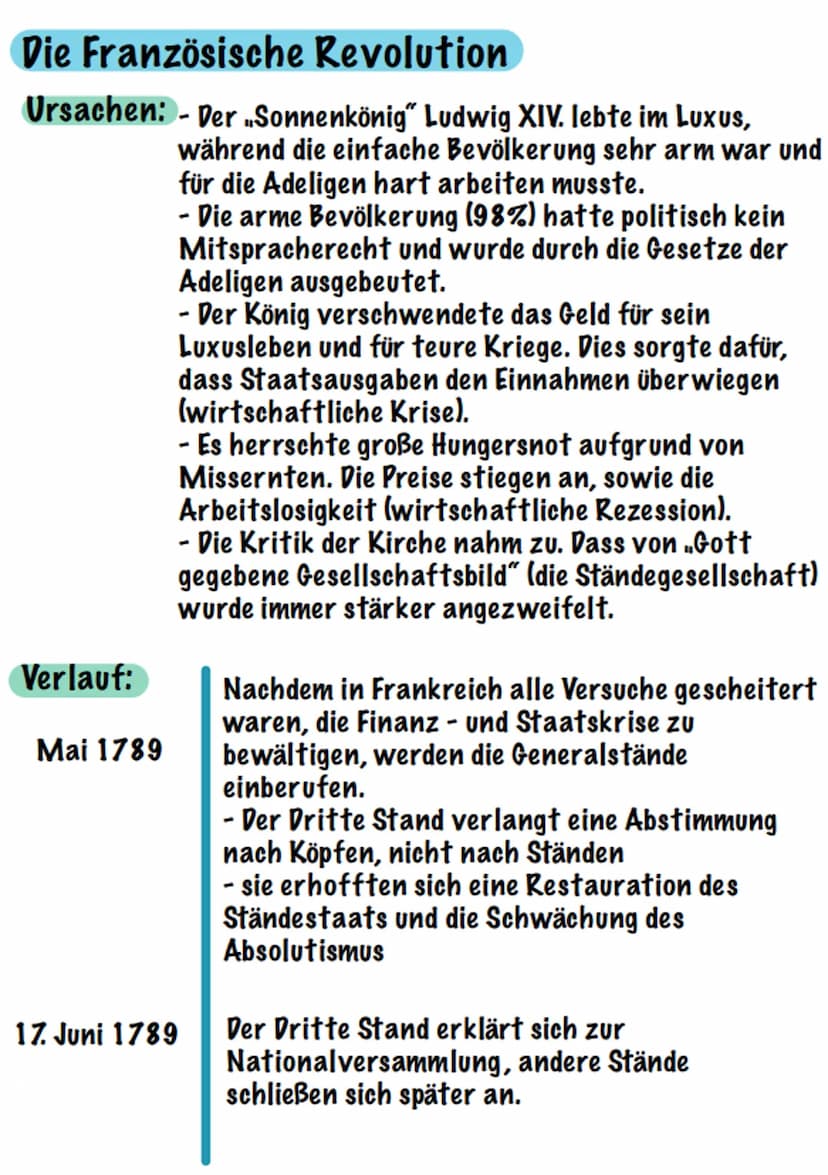  Die Französische Revolution
Ursachen:
Verlauf:
Mai 1789
- Der Sonnenkönig Ludwig XIV. lebte im Luxus,
während die einfache Bevölkerung sehr