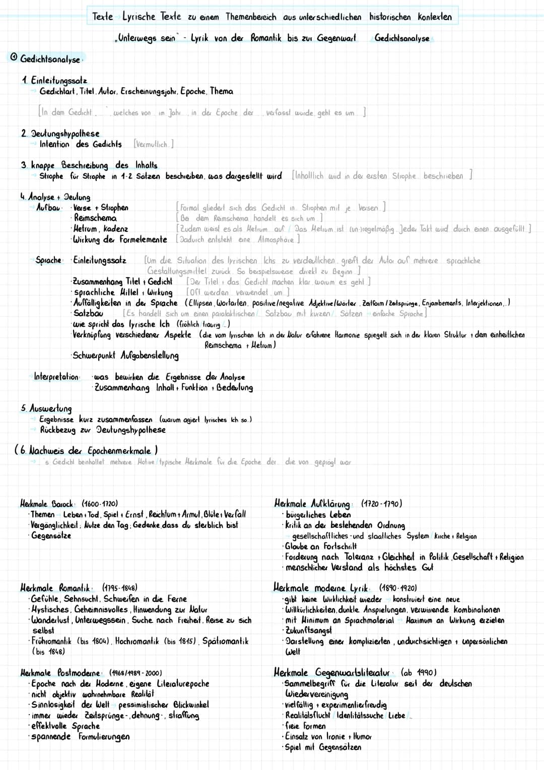 Gedichtsanalyse
1. Einleitungssatz
Gedichtart, Titel. Autor, Erscheinungsjahr, Epoche. Thema
[In dem Gedicht. welches von im Jahr in der Epo
