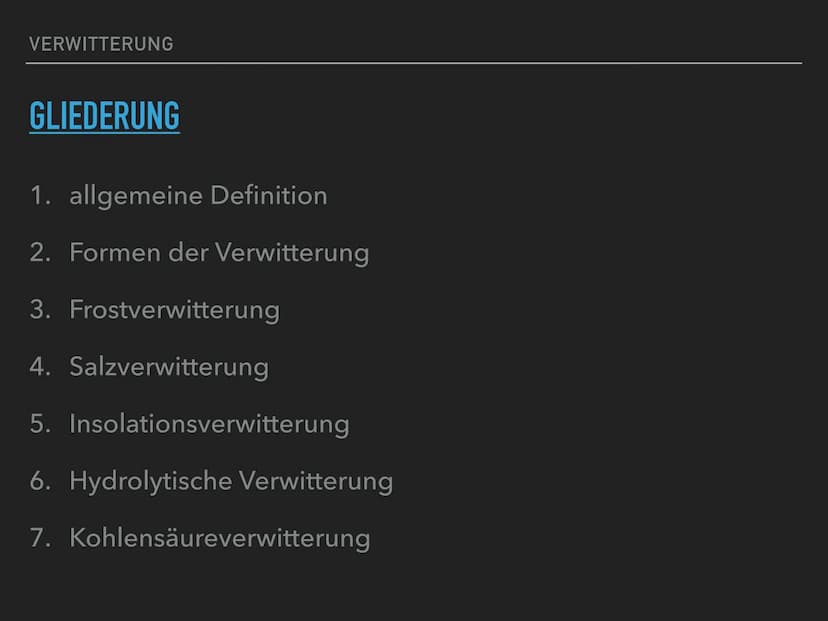VERWITTERUNG
Die Verwitterung umfasst alle Prozesse der direkten und indirekten Veränderung
von Gestein durch amosphärische Einflüsse. Sie g