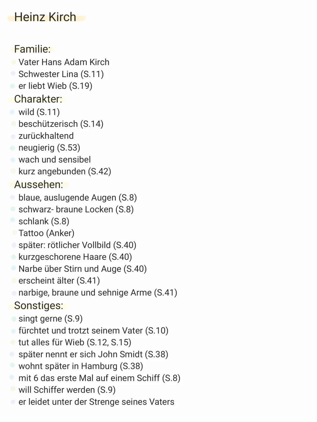 Hans Adam Kirch
Familie:
verheiratet (S.8)
2 Kinder Lina und Heinz (S.11)
Schwester Jule (S.23)
Aussehen:
klein, hager (S.8)
dunkle Haare (S
