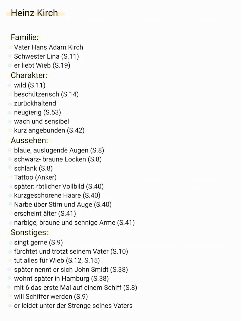 Hans Adam Kirch
Familie:
verheiratet (S.8)
2 Kinder Lina und Heinz (S.11)
Schwester Jule (S.23)
Aussehen:
klein, hager (S.8)
dunkle Haare (S