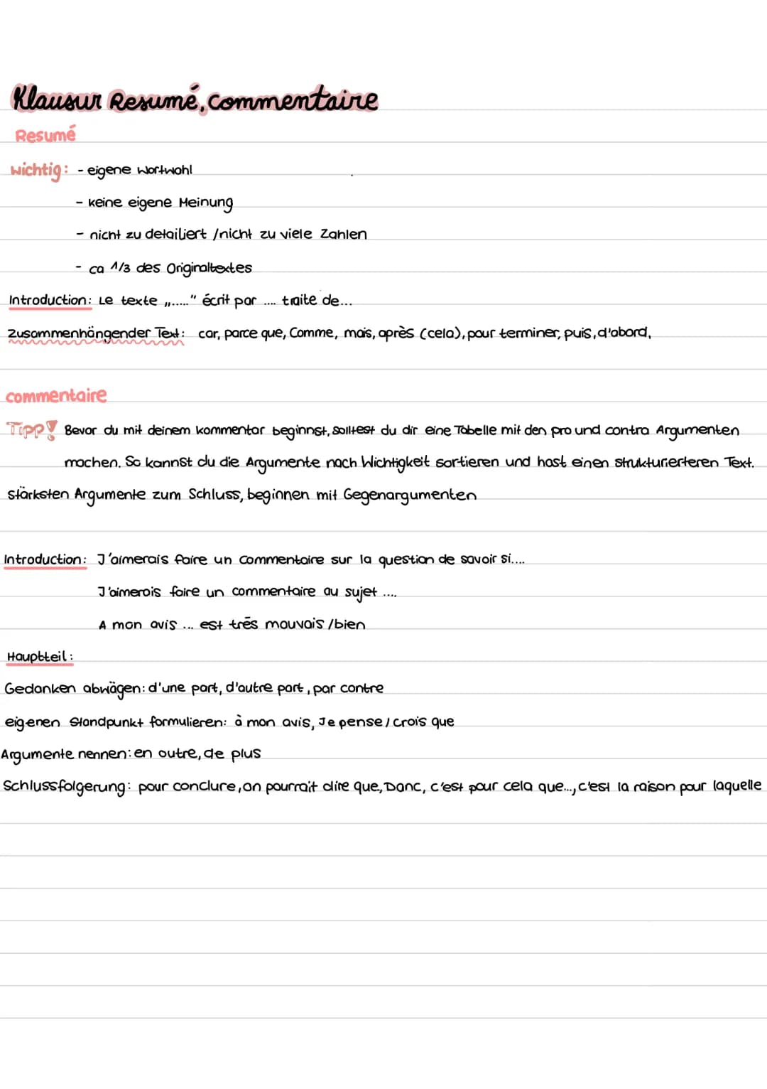 Klausur Resumé, commentaire
Resumé
wichtig: - eigene Wortwahl
- keine eigene Meinung
- nicht zu detailiert /nicht zu viele Zahlen
- ca 1/3 d