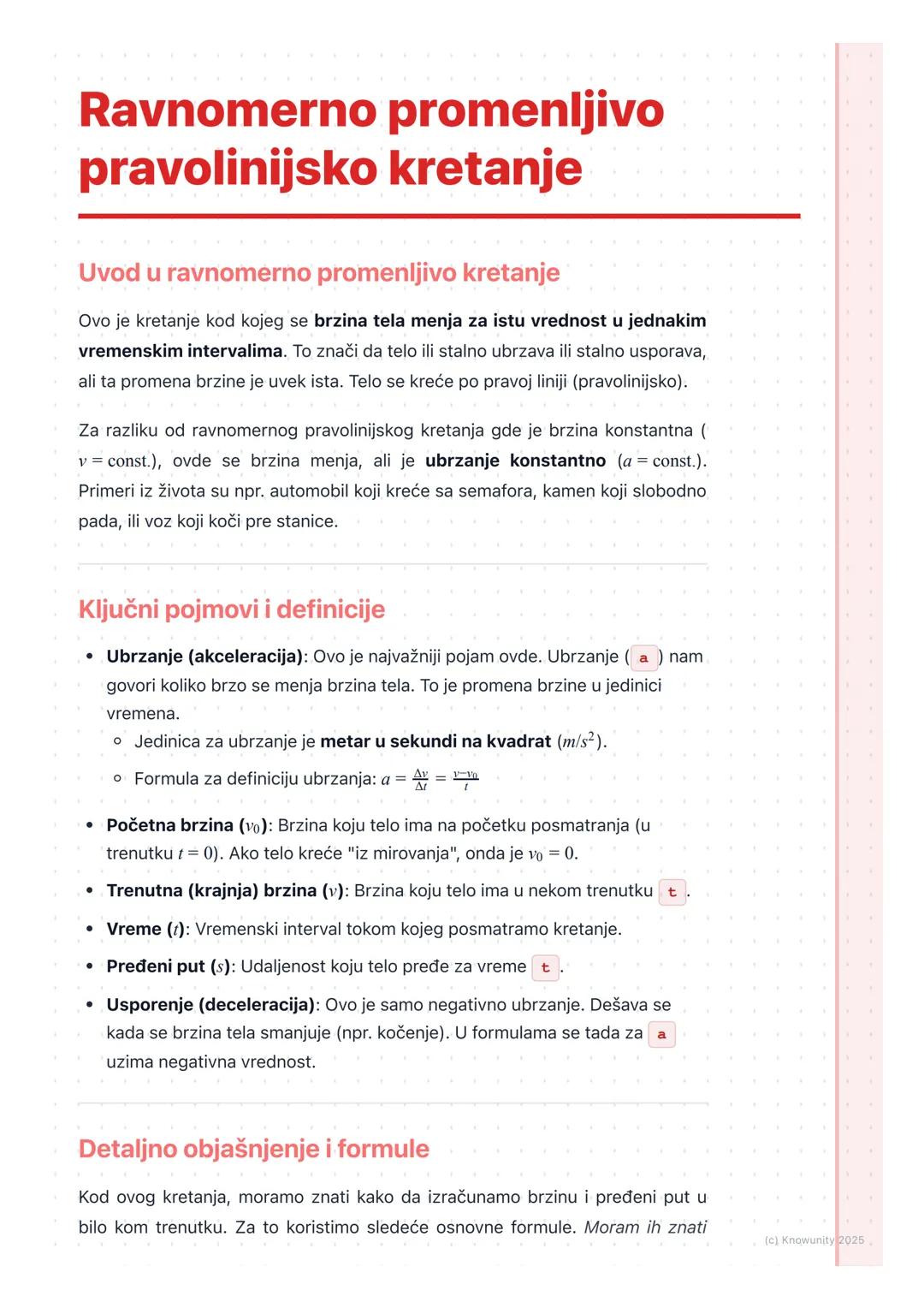 # Ravnomerno promenljivo
pravolinijsko kretanje

Uvod u ravnomerno promenljivo kretanje

Ovo je kretanje kod kojeg se brzina tela menja za i